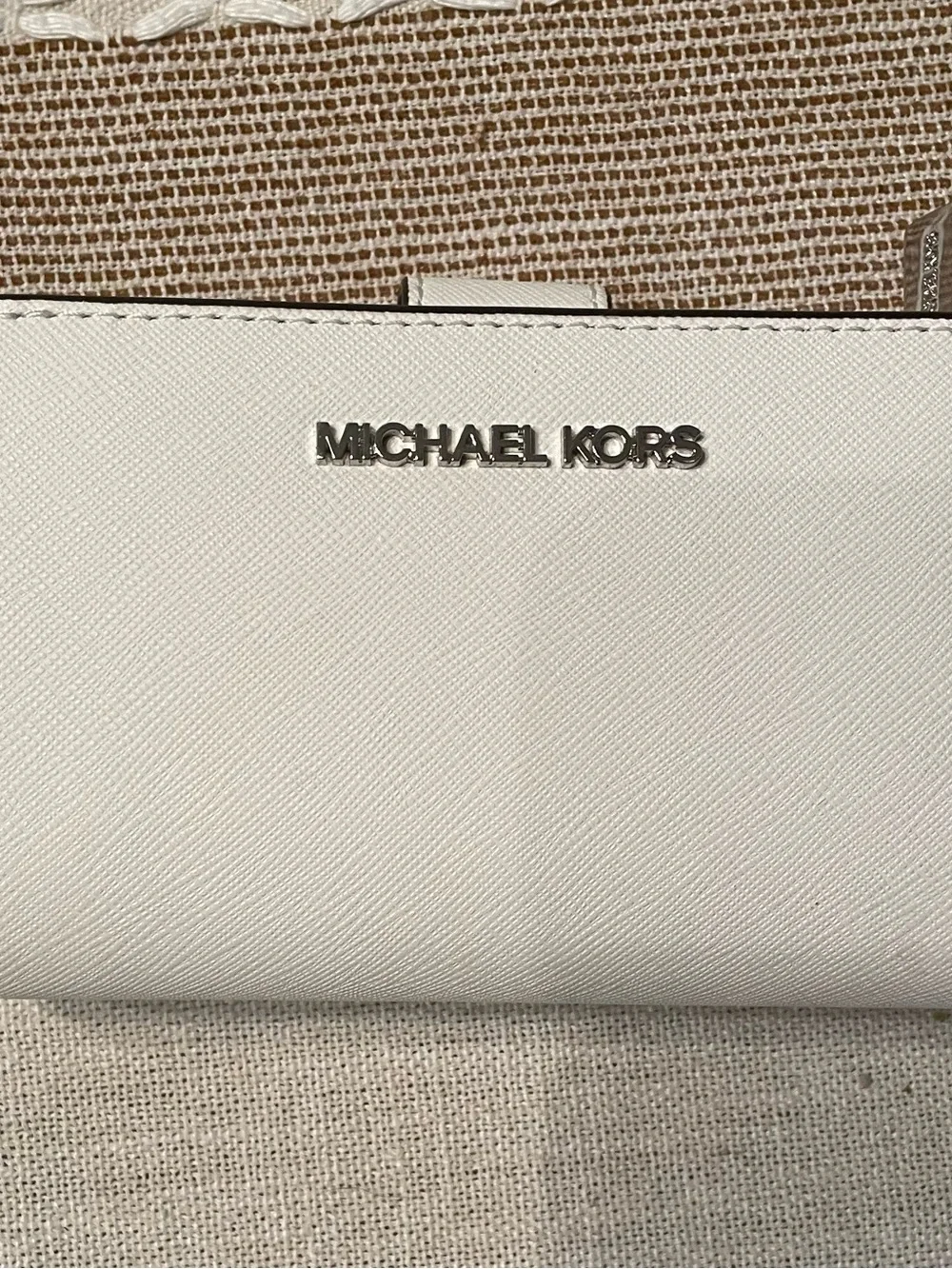 Michael Kors White Saffiano Leather Wallet with Silver Logo Accent